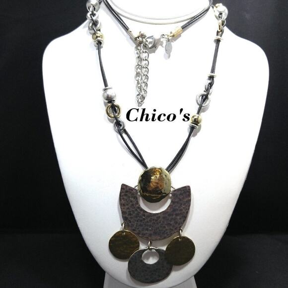 Chico's Long Gold Silver Hammered Pendant Necklace, Black Leather Cords, 35 Inch - Picture 2 of 11
